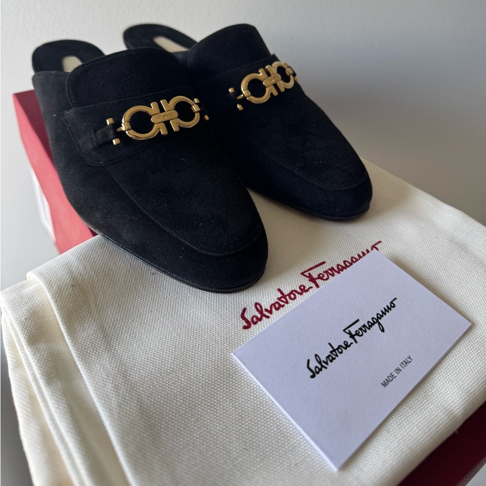 Salvatore Ferragamo Women Black Suede Mules Size 7 Gold Hardware Gancini